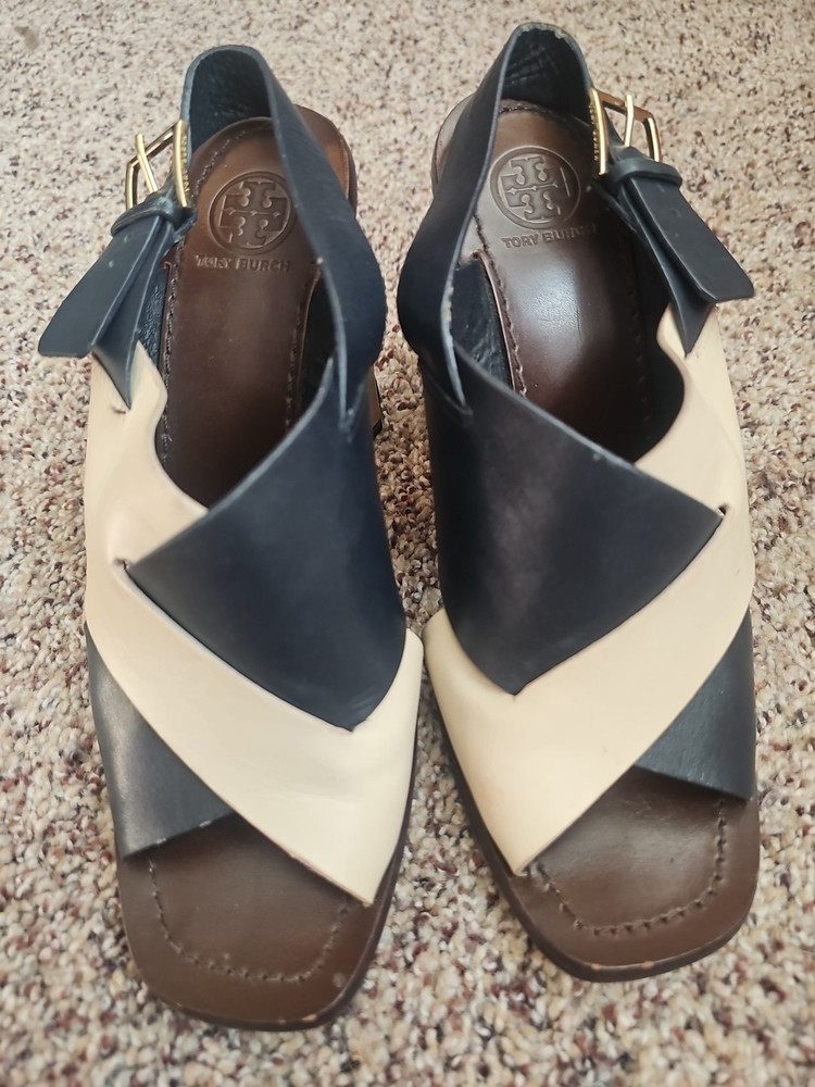 Tory Burch Bleeker Cream and Navy Cross Over Slingback Sandals Sz 8.5