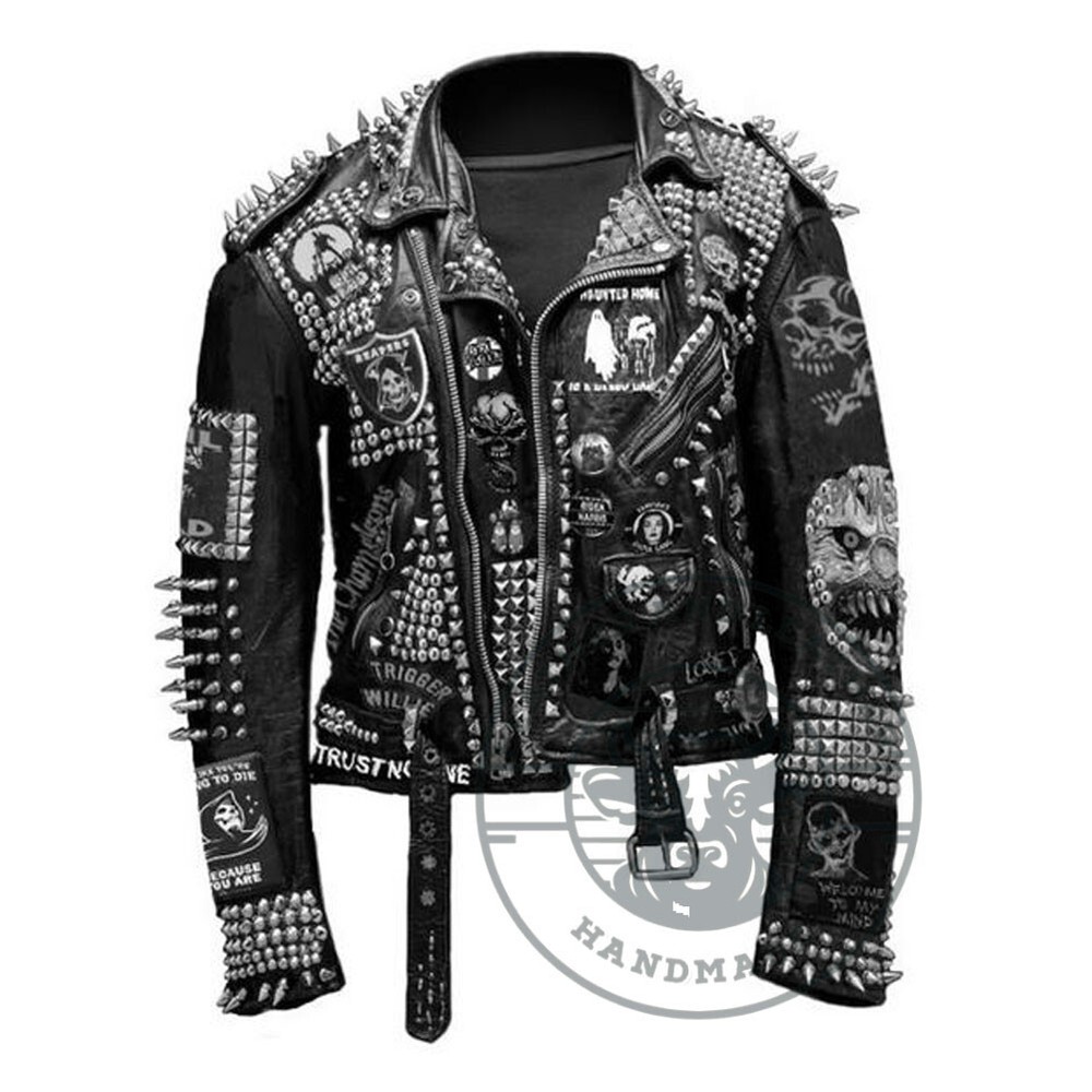 Men's Gothic Black Studded Leather Jacket with Rivets & Spikes