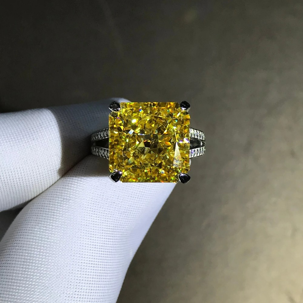 8 Carat Radiant Cut Vivid Yellow Bead-set Split Shank Moissanite 14K Gold Ring