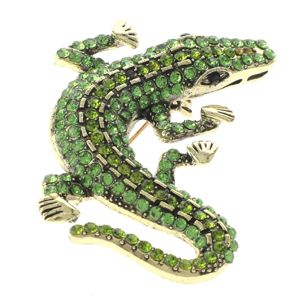 Antique Gold Tone Alloy Metal Medium Crystal Rhinestone Alligator Brooch Pin