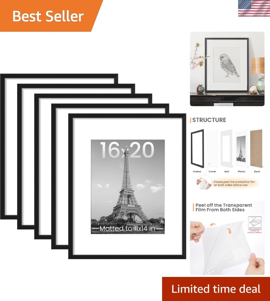 Versatile Black Wall Mount Frames Set - 5 Pack for 11x14 or 16x20 Art Displays