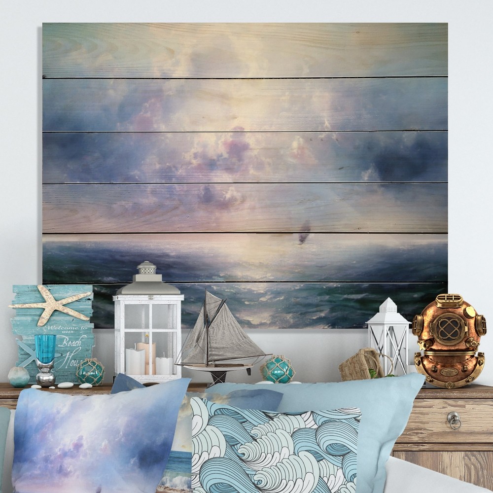 Designart 'Beautiful Sunset On Purple Ocean' Nautical & Coastal Wood Wall Art
