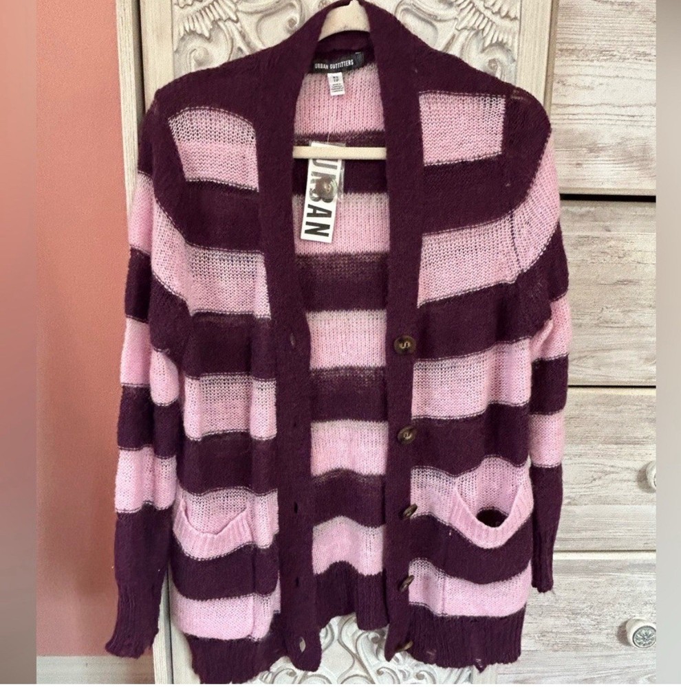 Urban Outfitters thrashed  Stripe Cardigan Purple Pink distressed Women  Size Xs