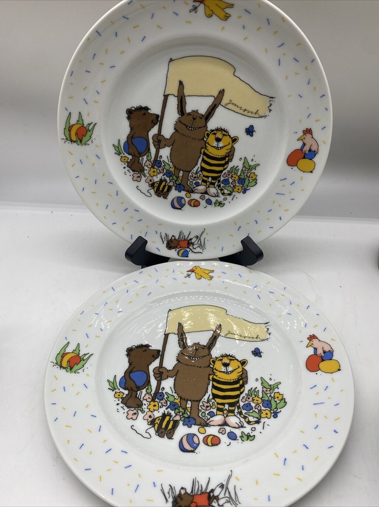 Easter Egg Plate BY JANOSCH THOMAS GERMANY Ceramic Bavaria Sonor Rabbit Kids X2