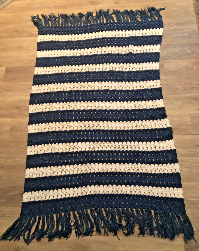 Handmade Navy & White Crochet Blanket with Fringe 42x58 Cozy Throw