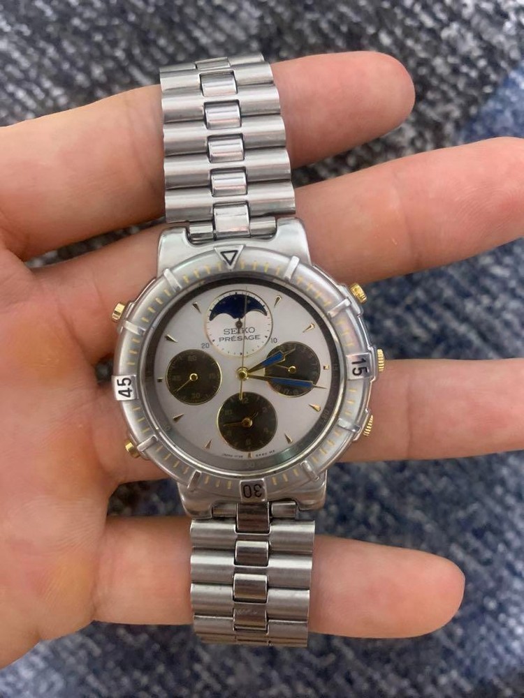 SEIKO Presage Moonphase Alarm Chronograph Men's Watch 39mm Rare 7T36-6A60