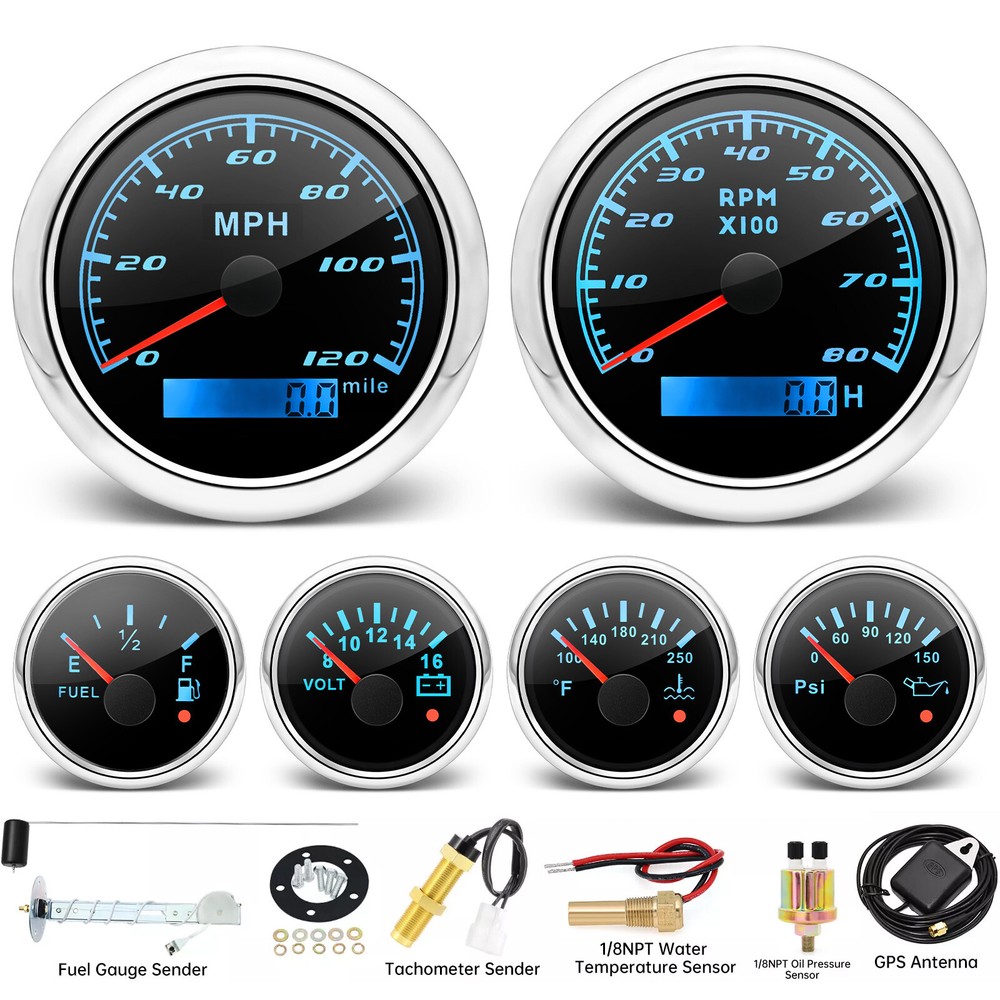 6 Gauge Set GPS Speedometer 120MPH Tachometer Fuel Temp Volt Oil Pressure with Sender
