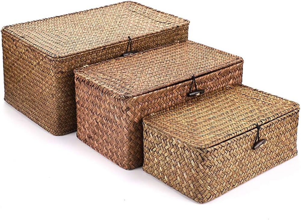 Set of 3 Natural Seagrass Storage Baskets with Lid - Large Handwoven Wicker Bins