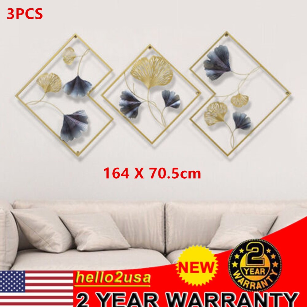 3Pcs Metal Gold+Blue Wall Art Hanging Sculpture Home Art Decor 3D 164 x 70.5cm
