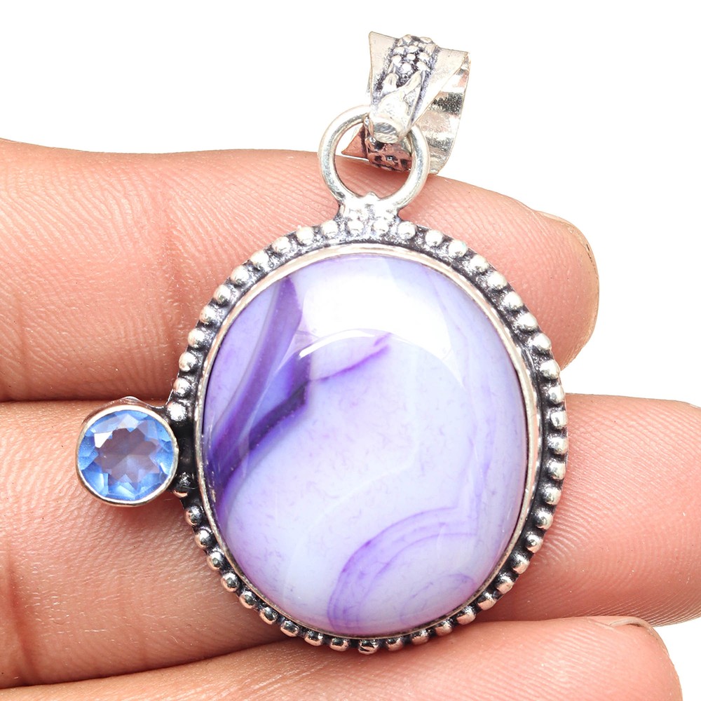 Botswana Agate Blue Pendant Silver Ethnic Jewelry for Valentine's Day 2 Inch