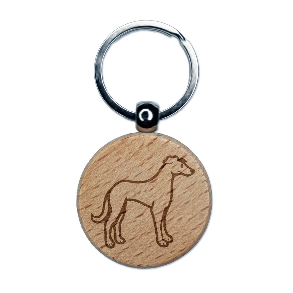 Speedy Lanky Greyhound Dog Engraved Wood Round Keychain Tag Charm