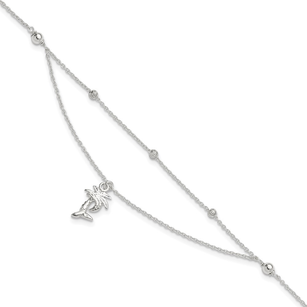 Sterling Silver Polished 2-Strand Palm Tree Anklet 9 Inch with 1 Inch Extension 2.78 Grams