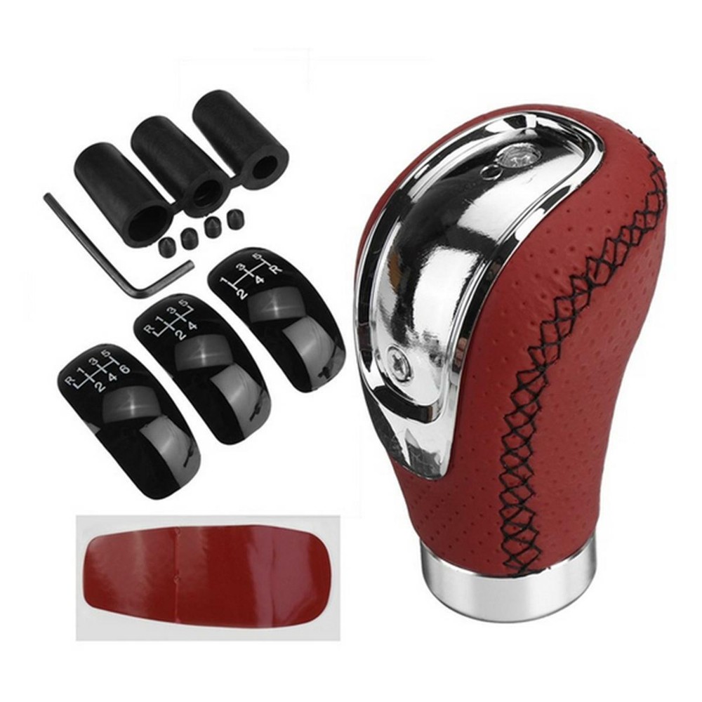 Car Red 5/6 Speed Gear Shift Knob Leather Manual Shifter Lever With 3 Cap Cover