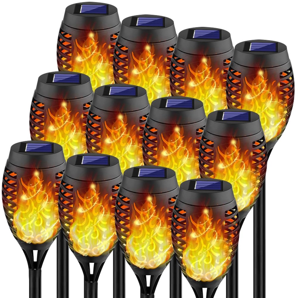 12 Pack Solar Flickering Flame Torch Lights for Outdoor Garden Decor Waterproof