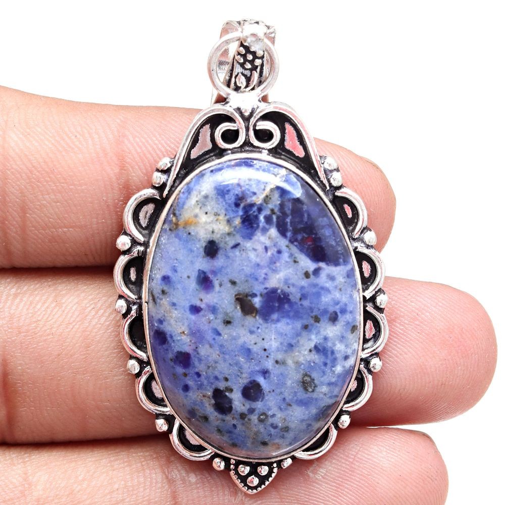Sodalite Silver Pendant Necklace Gift For Women 2.25 Inches