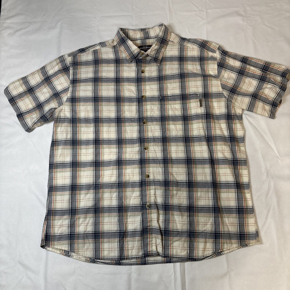 Woolrich Vented Fishing Shirt Mens XL Short Sleeve Button Pockets Blue Striped