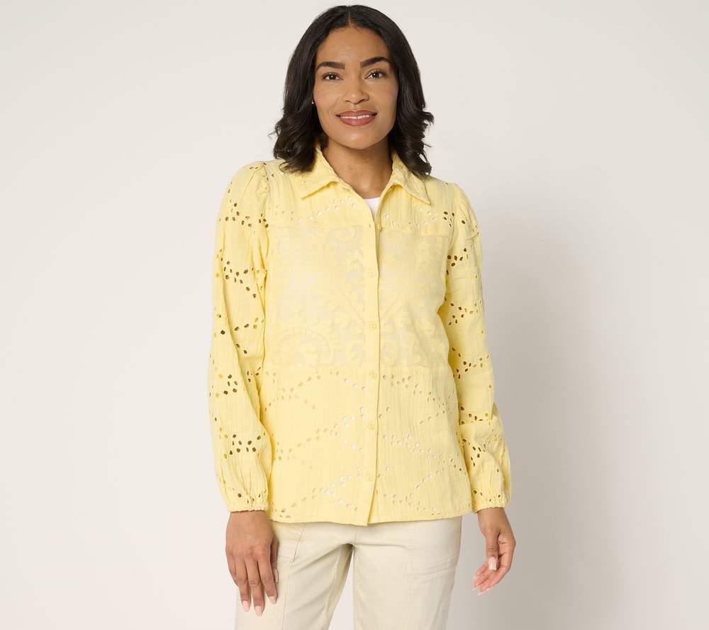 Fashion Women's Top Sz M 100% Cotton Eyelet Shirt Yellow A689563