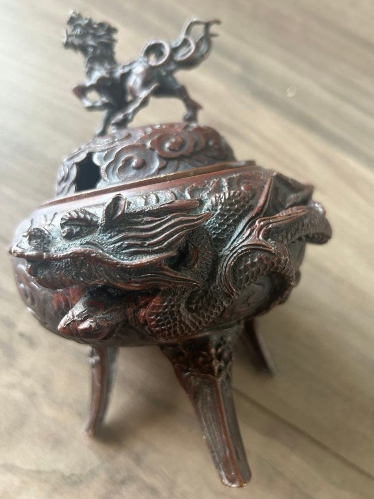 Bronze Incense Burner 6.7 inch DRAGON QILIN Vintage Japanese Figurine Censer