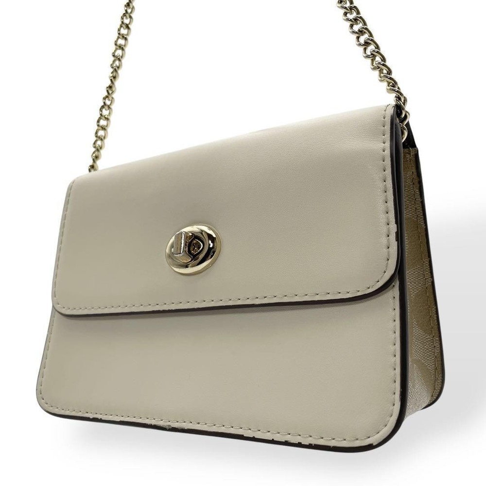 COACH Leather Canvas Shoulder Bag with Turn Lock Chain Strap