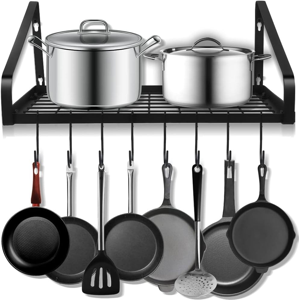Wall Mount Hanging Pot Pans Rack Organizer with 8 Hooks Kitchen Storage