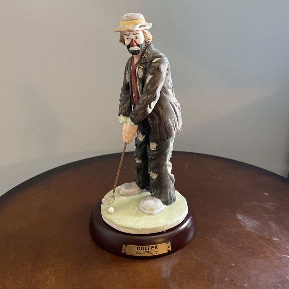 Emmett Kelly Jr Signature GOLFER Clown Figurine 8 Inch Wooden Base