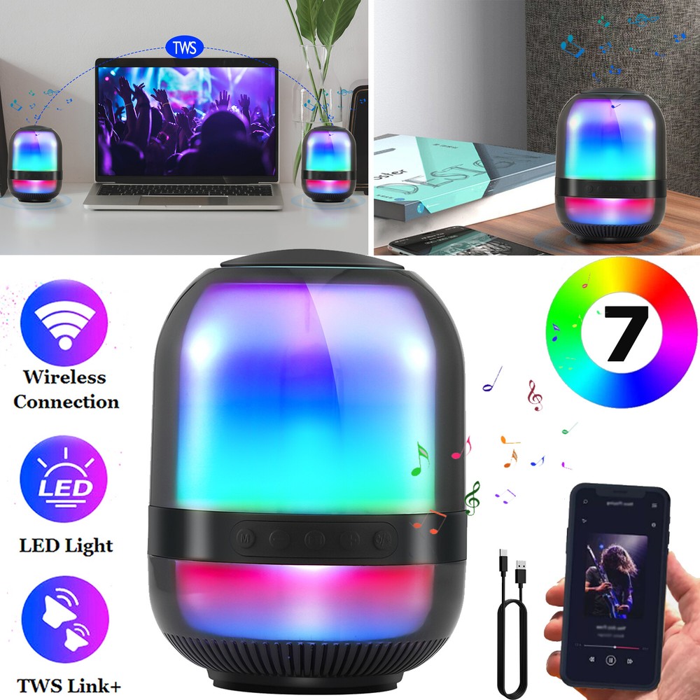Mini Portable Bluetooth Speaker with 7-Color LED, Stereo Bass, Rechargeable, TWS Wireless