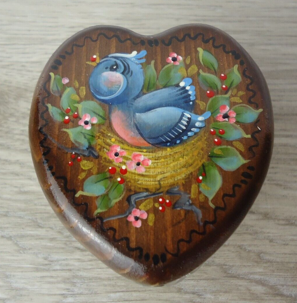 Hand Painted Blue Bird Floral Heart Trinket Box Signed B Stout Spring Art Dish