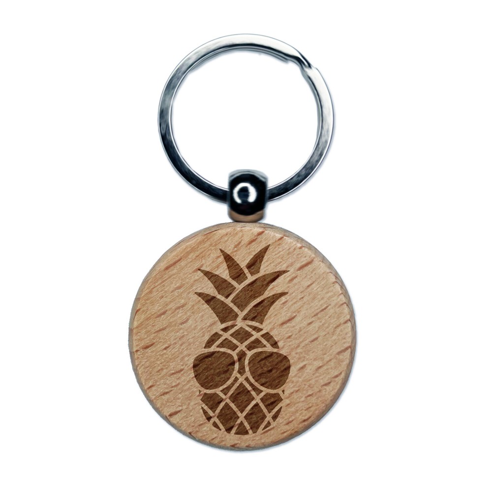 Pineapple Wearing Sunglasses Engraved Wood Round Keychain Tag Charm