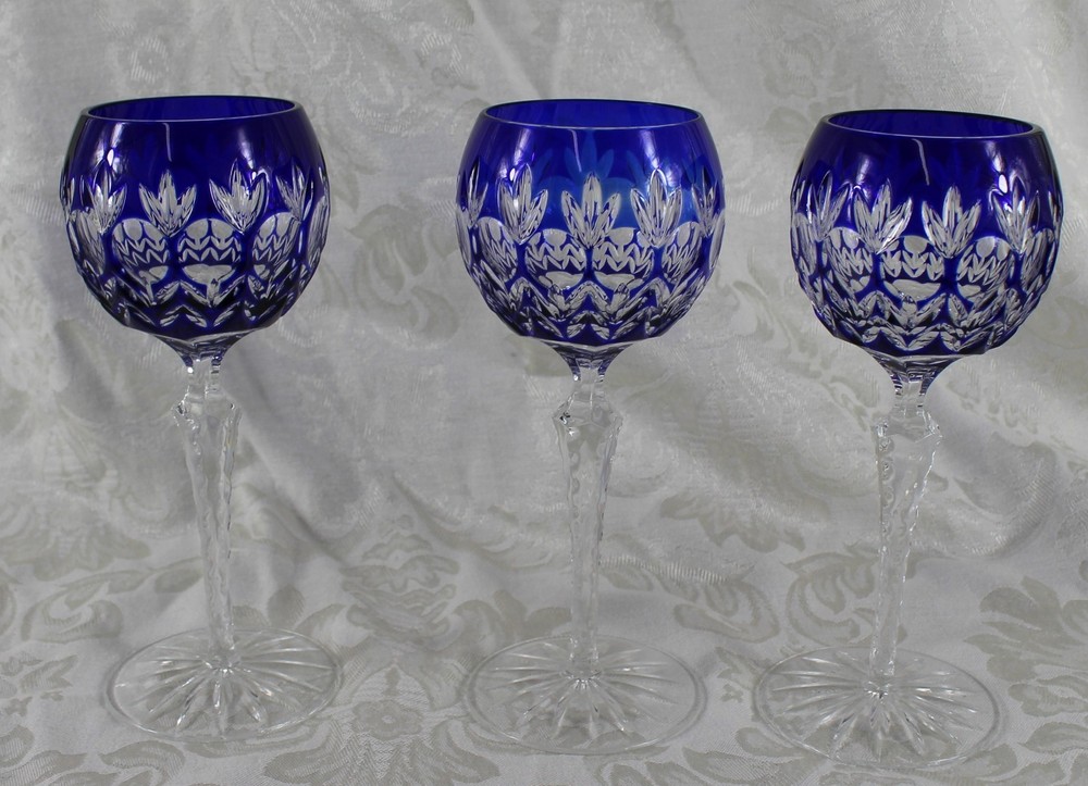 Ajka Crystal Arabella Wine Glasses Blue Cut to Clear Set of 3