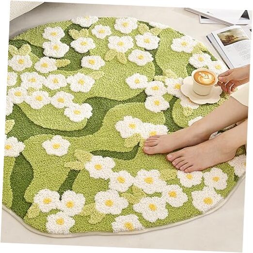 3.3ft Round Area Green Grass Moss Rugs Cute Flower Shag Fluffy Floral Carpet