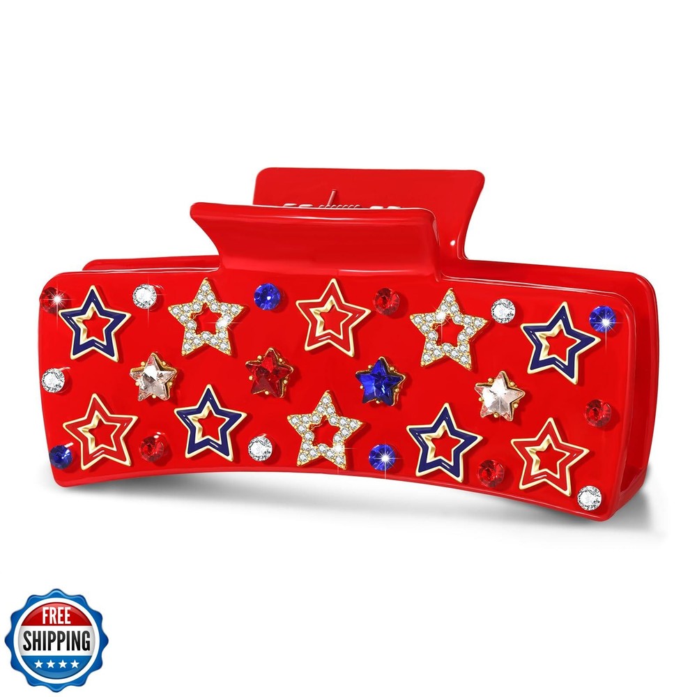 4th of July Patriotic USA Flag Hair Claw Clip for Women Red White Blue Star