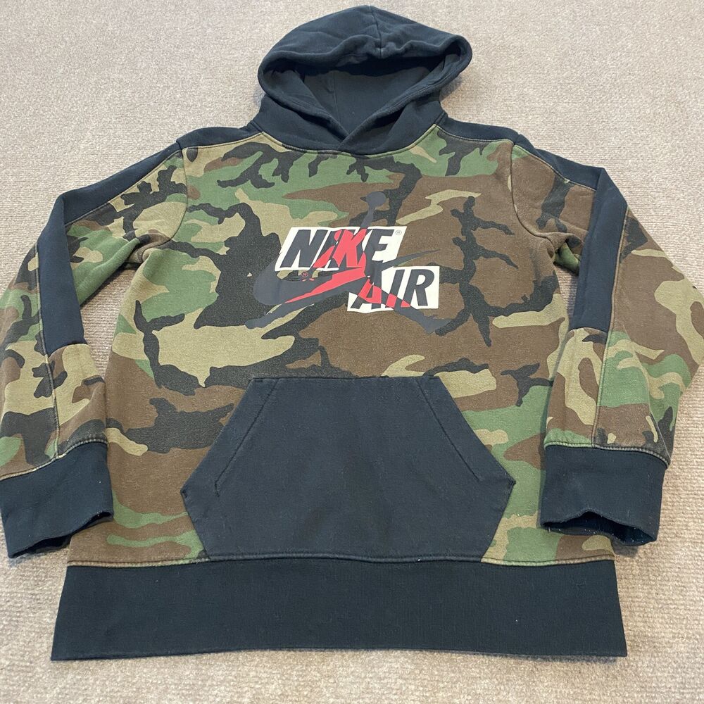 Nike Air Sweatshirt Green Camo Hoodie Air Jordan Jump Man Logo Boys Large 12/13