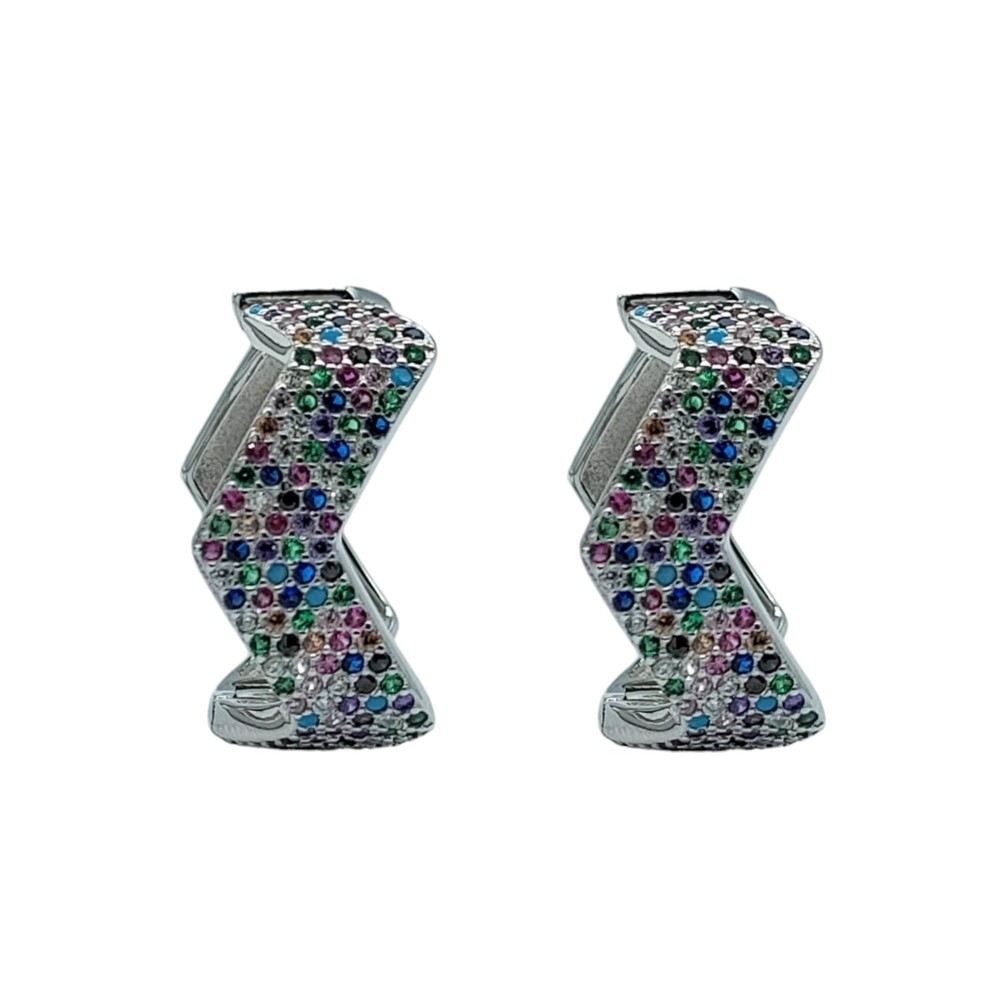 925 Sterling Silver Zig Zag Style Mutlicolor CZ Hoops Stylish Gift-19x7 mm