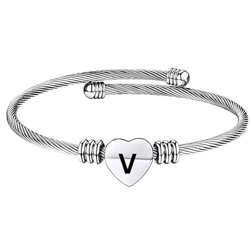 Stainless Steel Heart Word-V Bracelet Engraved Charm Bracelet for Women Silver