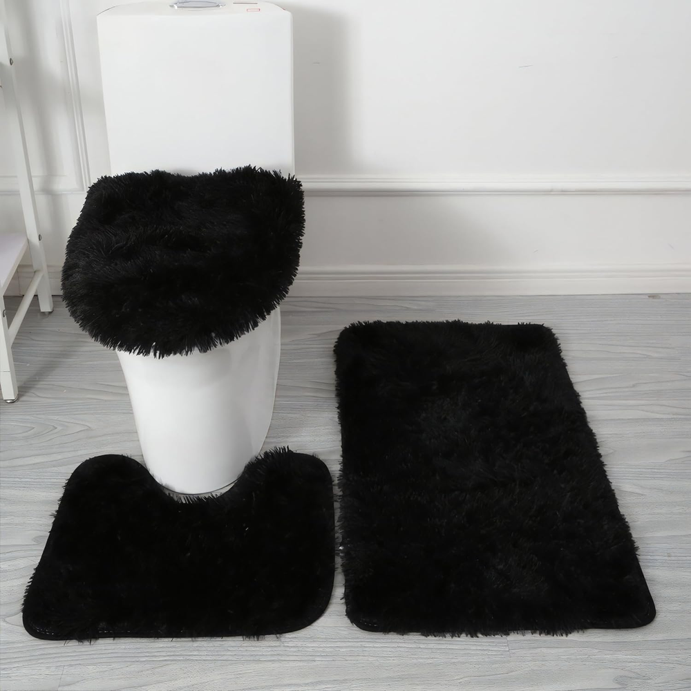 Shaggy 3-Piece Black Bath Mat Set Non-Slip Plush Bathroom Rugs