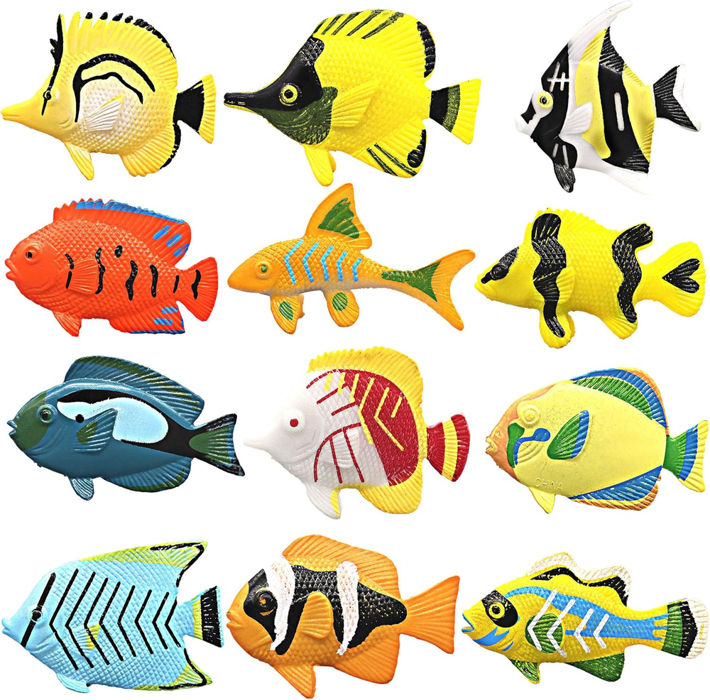 HAPTIME 12PCS Tropical Fish Toys Set Colorful Plastic Sea Life Creatures for Kids Learning Play