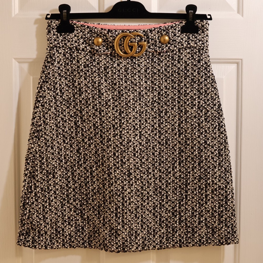 Gucci black and white tweed knit silk blend skirt GG buckle 460486 US 6 / M