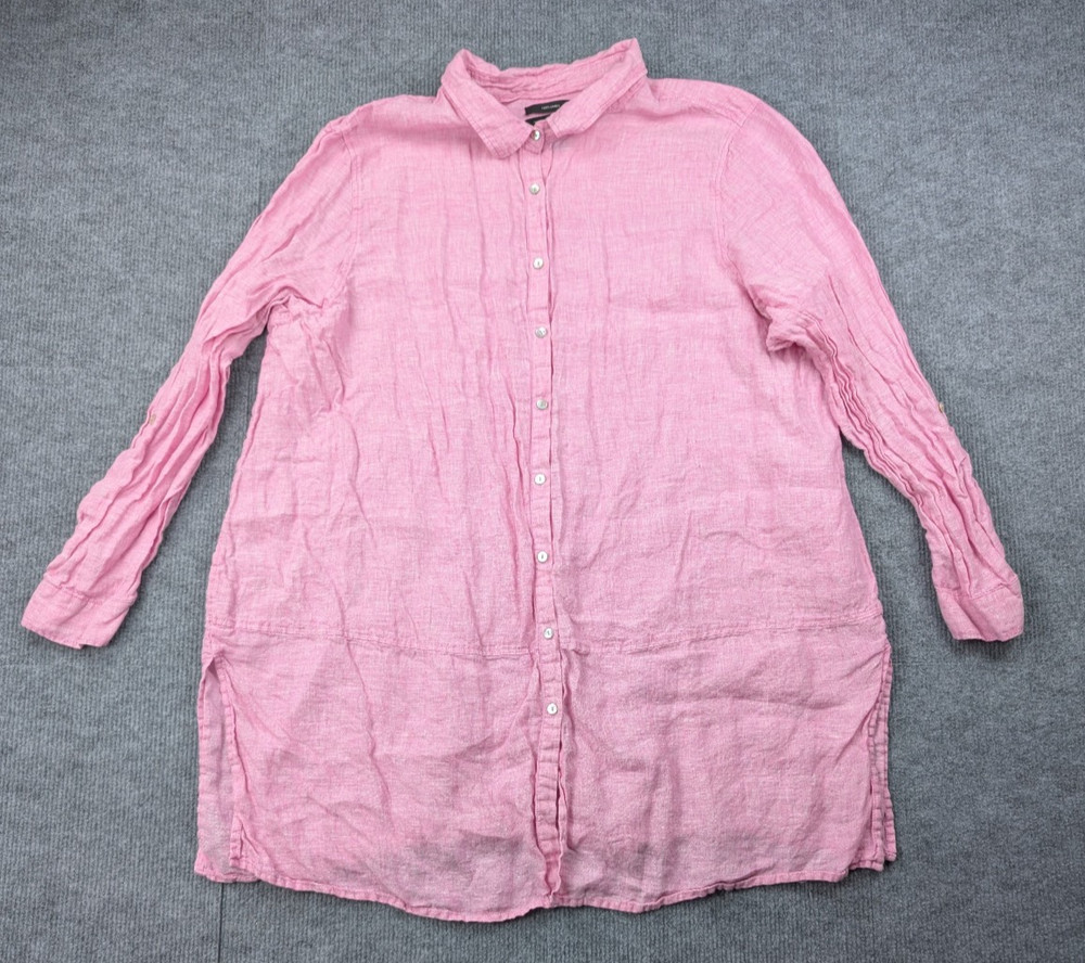 Tahari Linen Button Up Tunic Shirt Womens 2X Pink Coastal Natural Fiber Beach