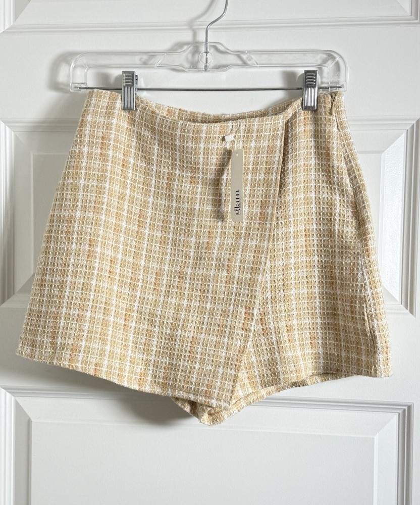 Glam Tweed Faux Wrap Skort in Tan Cream Preppy Light Academia Style Sz M NWT