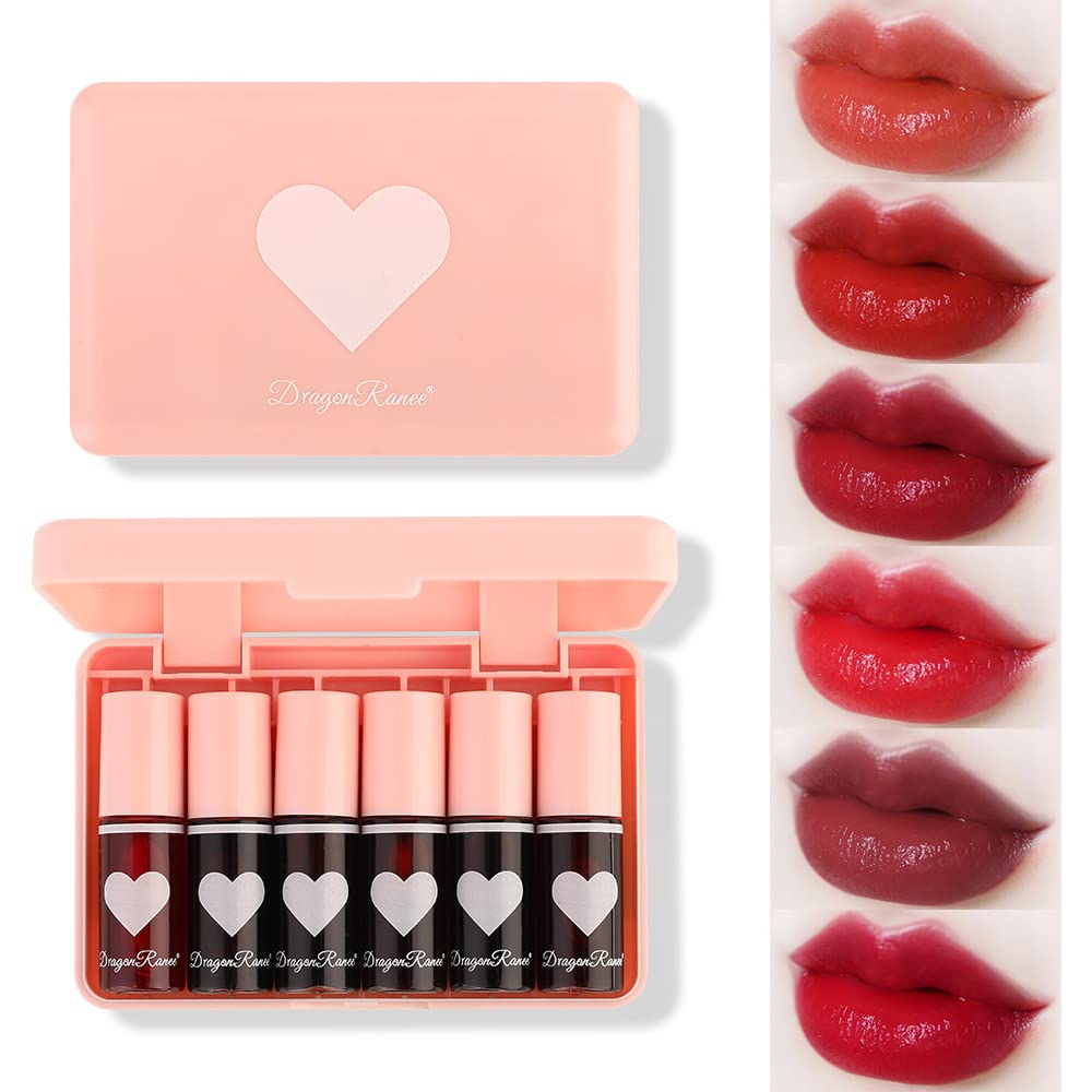 6-Color Korean Lip Tint Set - Plumping Glossy Mini Liquid Lipstick Multi-Use Stain