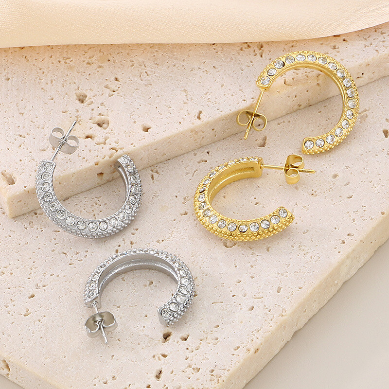 Diamond set C-shaped stainless steel titanium steel high earrings for women