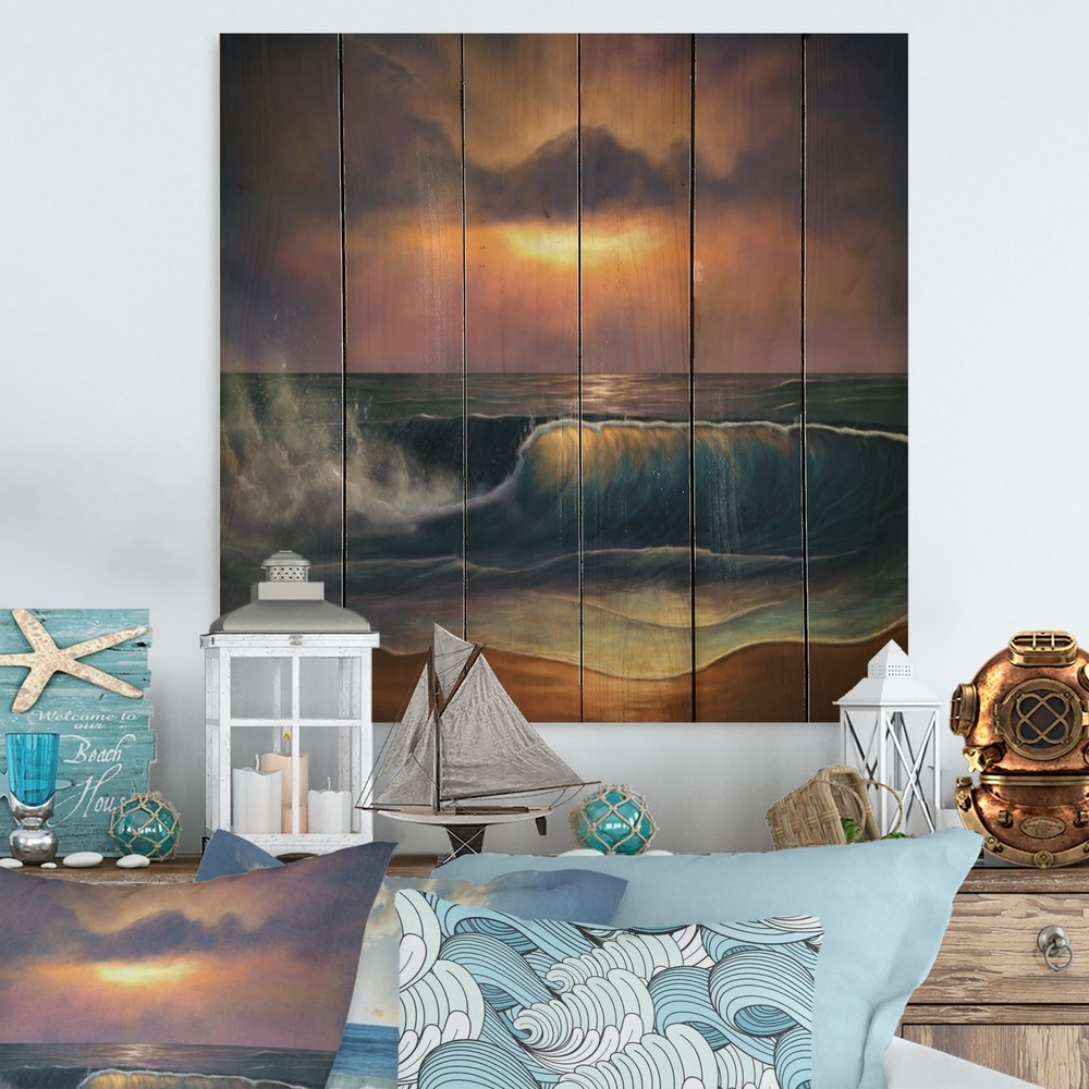 Designart 'Ocean Waves At Sunrise' Nautical & Coastal Wood