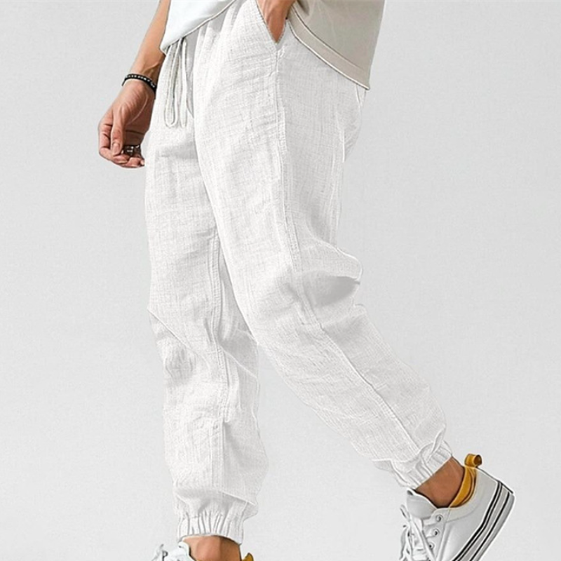 Men's Cotton Linen Casual Elastic Waist Straight Leg Trousers Solid Color Pants