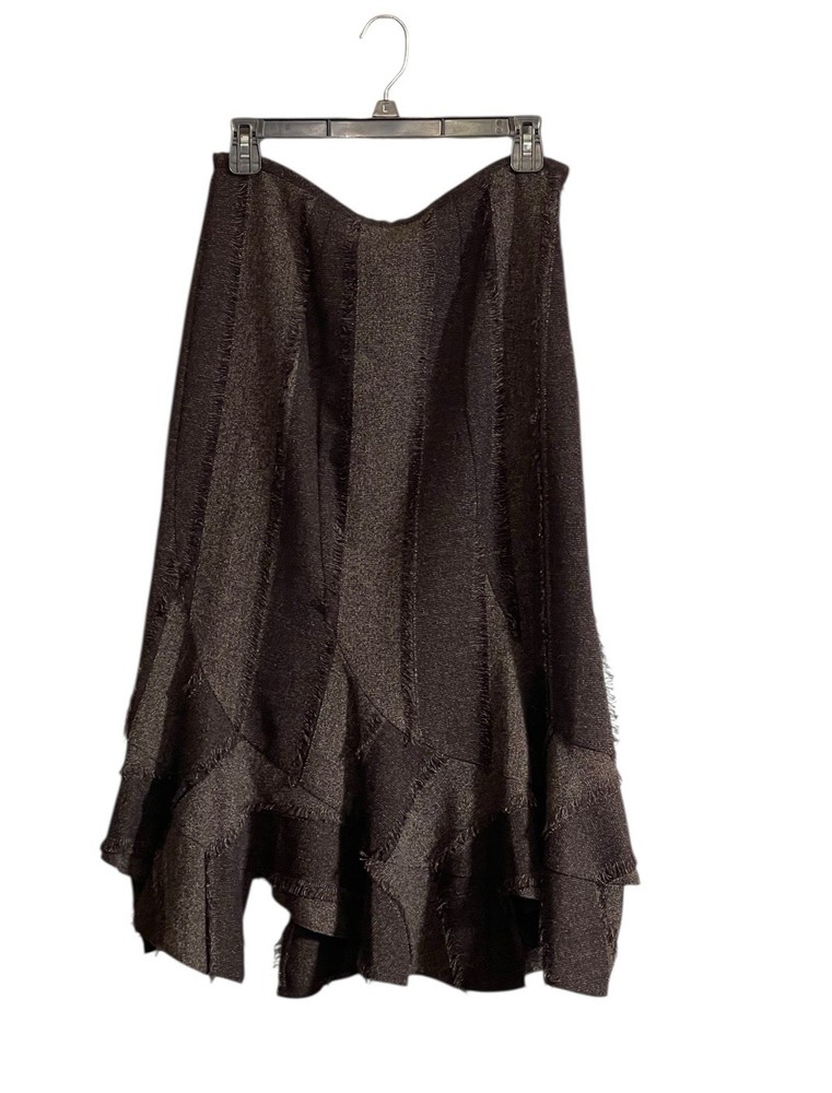 INSIGHT sz 8 Vintage 1990s Brown Diagonal Patchwork Fringe Midi Skirt Fairy Boho