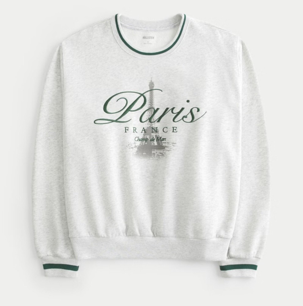 Hollister Women Semi Crop Sweatshirt White Green XL Crew Neck Fleece Embroidered