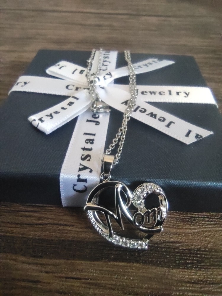 mothers day gift Mom  Silver heart chain  Necklace Pendant Crystal Gift for mom-image