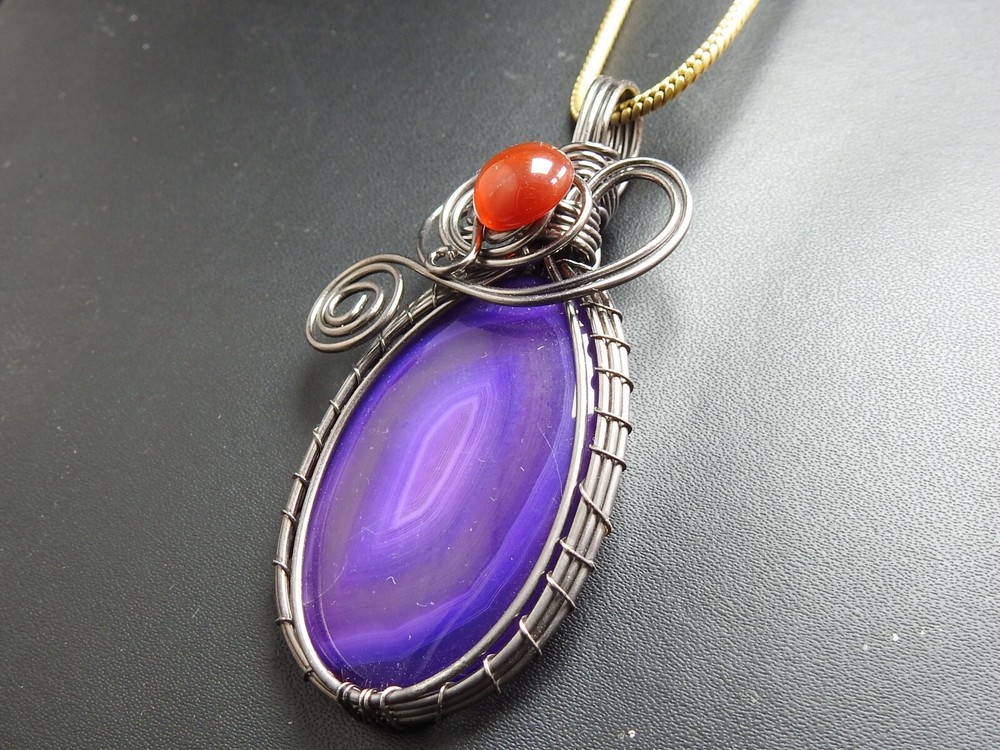 Purple Strip Agate Brass Pendant Silver Oxidised Polished Wire Wrapped Jewelry