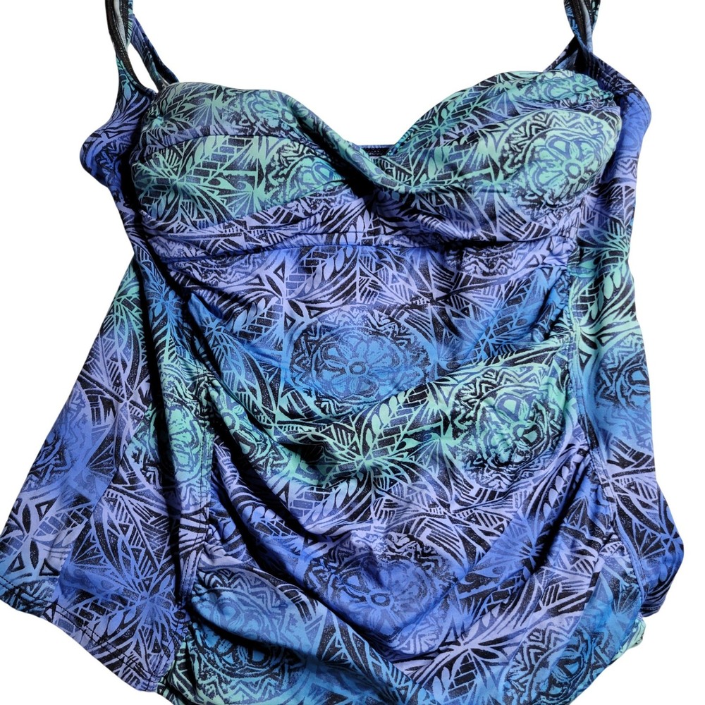 La Blanca Blue Teal Geometric Mandala Twist Front Tankini Swim Top Size 16