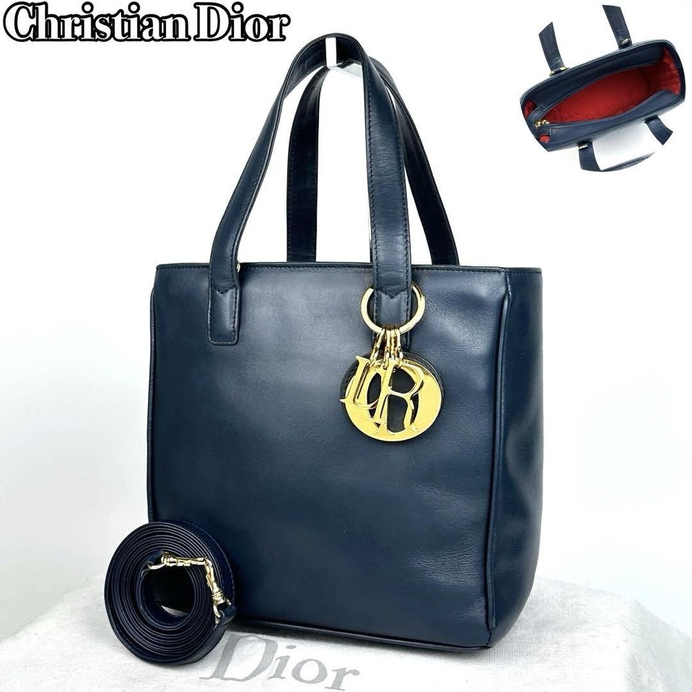 Lady Dior Navy Leather Handbag with Gold Hardware and Charm