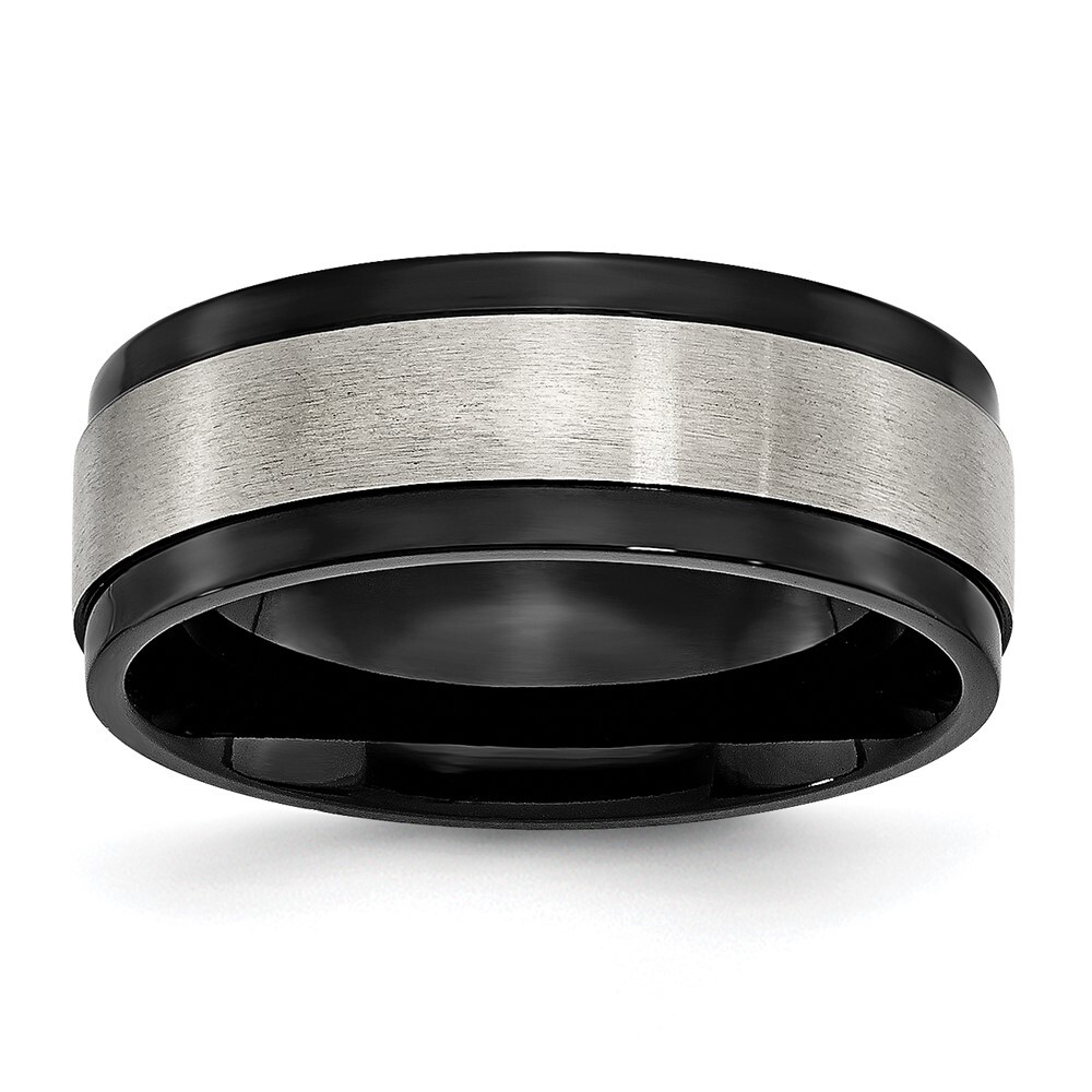 Titanium Brushed Center Black IP-plated 8mm Beveled Edge Band Ring Size 12
